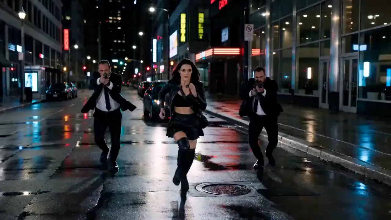 Seedance AI video example — a woman running through a neon-lit night street pursued by two figures