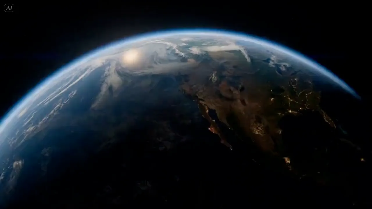 Seedance AI video example — planet Earth seen from orbit with city lights and atmospheric glow