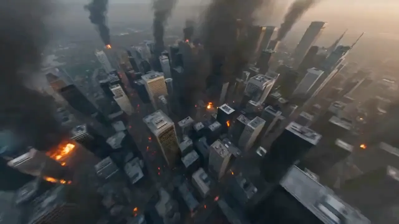Seedance AI video example — an FPV aerial flying over a smoking, burning city skyline