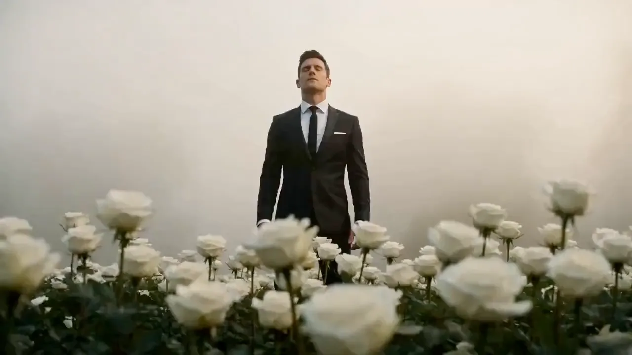 Seedance AI video example — a suited man standing in a misty field of white roses