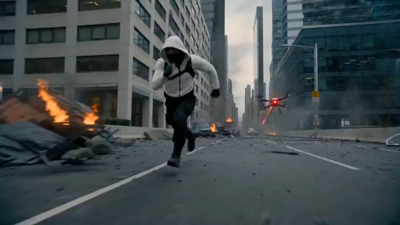 Seedance AI video example — a hooded runner sprinting down a ruined city street as a drone follows